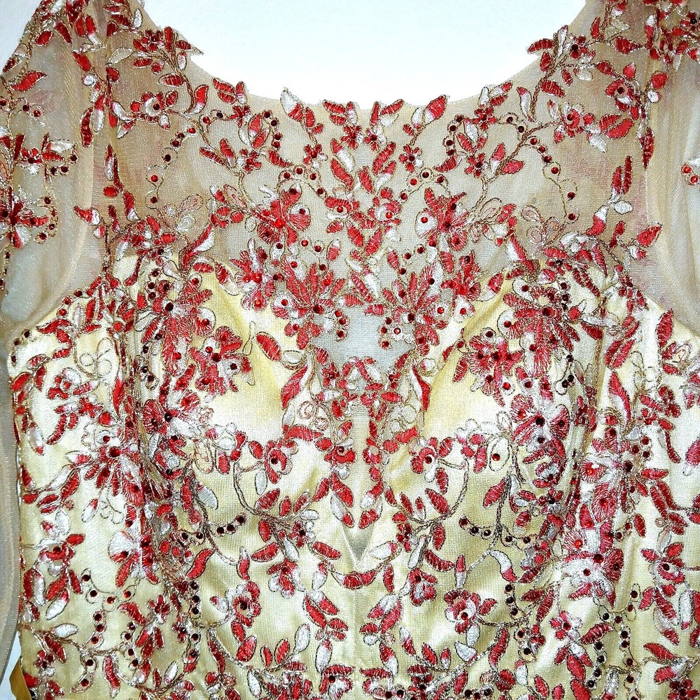 SPECIAL OCCASION Embroidered Red Rhinestone Women Long Dress Gown 18 Sheer Nude - Picture 3 of 14